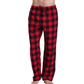 COSOUKE Cotton PJ Pants Mens Flannelette Pajama Pants Winter Mens Pyjamas Bottoms (Red Plaid, L)