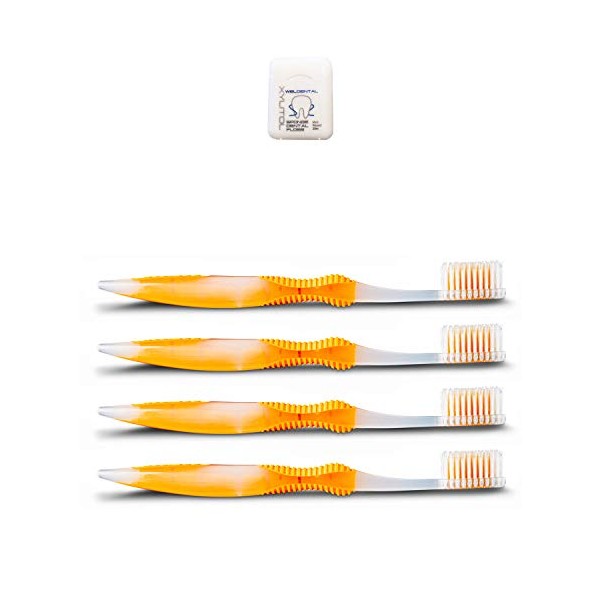 Sofresh Flossing Toothbrush - Adult Size Soft | You Choose Color and Quantity (4, Orange) | Bundle with (1) WELdental Mint Xylitol Dental Floss Travel Size