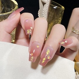 Pure Handmade Nails Press on Nail Reusable Fake Nails Gold Ribbon Aurora Beads Bling Bling Nude Medium Stick on Nails French Tip False Nails 10pcs (S, Q267)