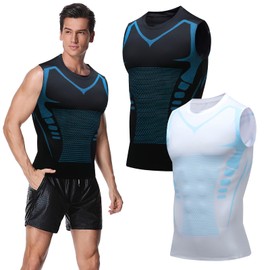 Ronronner 2 Pieces 2024 Ionic Shaping Vest, Ionic Shaping Men's Undershirt, Tummy Control Men, Body Shaped, Breathable Ice Silk Fabric, Sportswear for Men, Black and White, 3 XL