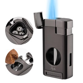 Cigar Torch Lighter, Triple Jet Flame Refillable Butane Lighters with Cigar Cutter V Cut, Cigar Holder, Windproof Butane Lighters (1, Black)