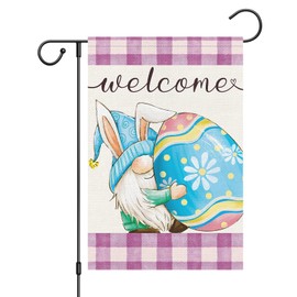 Louise Maelys Happy Easter Garden Flag Bunny Gnome with Easter Egg Double Sided 12x18 Inch Buffalo Plaid Welcome Small Burlap Spring Holiday Yard Outdoor Flag Outside Home Decor (Only Flag)