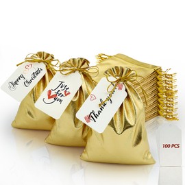 DOYIDE 100Pcs Gold Drawstring Gift Bags, 5x7in Jewelry Bags Drawstring Pouches, Shiny Wedding Party Favor Bags, Sachet Bags Empty for Birthday Party Christmas Baby Shower Candy Favors