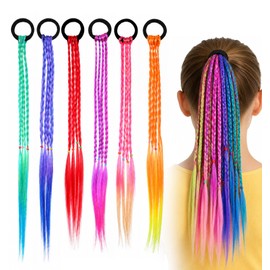 6PCS Colored Hair Extensions for Kids, Gradient Rainbow Braid Ponytail Ties