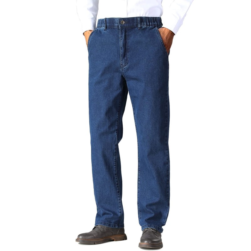 Soojun Mens Elastic Waist Jeans Relaxed Fit with Zipper and