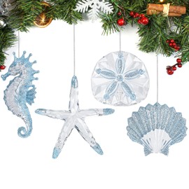Fangoo 4Pcs Summer Beach Christmas Tree Decoration Acrylic Beach Theme Ornaments Starfish Seahorse Sand Dollar Scallop Ornaments for Coastal Party Wedding Birthday Party Bathroom Decor