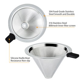 Pour Over Coffee Dripper Slow Drip Paperless Coffee Filter, Double Mesh Stainless Steel Pour Over Coffee Maker for Single Cup Brew Reusable Cone Filter, Coffee Drip Cone, Fine Mesh Strainer(3-4 Cup)