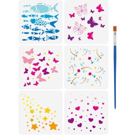 FINGERINSPIRE 6 Butterfly/Dragonfly Stencil with 1 Plastic Brush 15 x 15 cm Large Heart/Star Drawing Stencil Fish Stencil Insects/Beetle Templates for Painting on Walls Fabrics Furniture