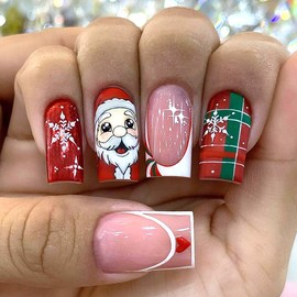 Christmas Nails - 24PCS Stick on Nails French Tip - Coffin False Nails with Glue - Nude Red Press on Nails Medium - Full Cover Fake Nails Strong - Santa Claus Snowflake Nail Tips