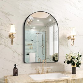 FORBATH Arched Wall Mirror, 20"x28" Bathroom Mirror Wall Mounted Modern Black Aluminum Alloy Frame Decor Large Dresser Mirror for Bedroom Living Room Entryway, Hanging or Leaning Against Wall