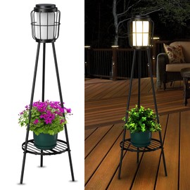 2 Pack Solar Lights Outdoor with Plant Stands, Solar Floor Lamp, Solar Powered Street Lights Metal Tripod Deck Lights for Garden Yard Pathway Driveway Porch