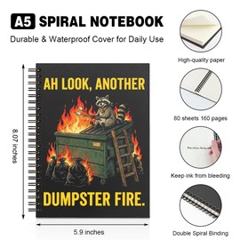 WHTYEFZ Ah Look Another Dumpster Fire Horizontal Lined Spiral Notebook, Funny Raccoon Roasting Marshmallow Design Journal for Raccoon Lover Daughter Niece Student, Birthday Gifts for Student Friend