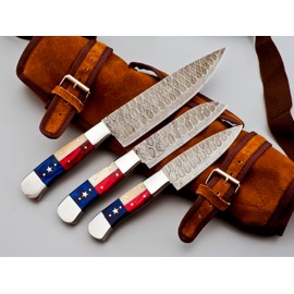 Professional Damascus Chef Knife Set 3 Pcs Custom Handmade Set with Leather Roll - Kitchen Cutlery Set for Home Cooks & Chefs - Ergonomic Texas Flag Handles - Includes Storage Roll