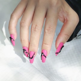 Chic Chit Press on Nails Saga: Pink Panther, Handmade coffin, matte black pink,pearl, S size