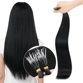 Elailite I Tip Hair Extensions Human Hair Elastic Itip Real Remy Hair Jet Black 20 Inch 50G 50Strands Straight Pre Bonded Keratin Fusion Human Hair Extensions
