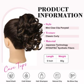 REECHO Ponytail Hair Extension, 23 cm Short Curly Wavy Hair Claw Hairpiece Ponytail Hair Extensions Hairpieces for Women Ponytail Extension - Dark Brown with Highlights