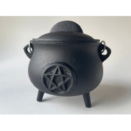 Large Pentagram Pentacle Cast Iron Cauldron with Lid and Handle, 5.5" Witches Cauldron, Great for Use with Charcoal Incense, Smudge Sage