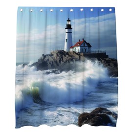 OTRANTO Blue Ocean Shower Curtain Lighthouse Nautical Coastal Scenic Nature Rock Theme White Bathroom Decor Set Machine Washable Waterproof Fabric 60 x 72 Include Hooks