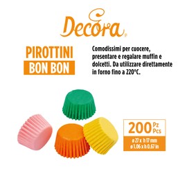 DECORA, 0339910 Pirottini Bon Bon Colorati, Comodissimi Pirottini in Carta da Forno, per Cuocere, Presentare e Regalare Bon Bon, Resistono fino a 220°, In comodo Blister, 200 pezzi.