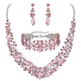 Clearine Wedding Bridal Crystal Marquise Cluster Collar Necklace Earrings Bracelet Prom Jewellery Set for Women Pink Silver-Tone