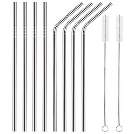 Reusable Stainless Steel Drinking Straws (4 Straight and 4 Bend) + 2 Cleaning Brushes, Eco-Friendly,Stainless Steel Straws, Silver