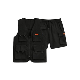 Verdusa Men's 2 Piece Outfits Zip Up Cargo Vest Jacket and Shorts Tracksuit Set Black Medium