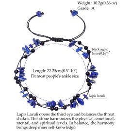 Jewever - Tobillera de ágata negra natural en capas con abalorio y abalorio de tobillo reales para mujer, cristales curativos ajustables, para verano, playa, pie, 10 pulgadas, Piedra, Lapislázuli