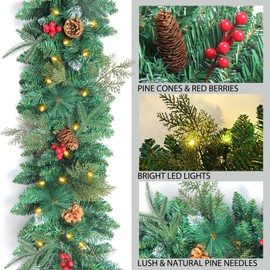 9FT Christmas Garland with Lights 100 LED Battery Operated - Prelit Garland Christmas Decorations for Mantle Stairs Lighted Garland with Norfolk Pine Stems Branches Cedar Cypress Pine Cones Red Berry