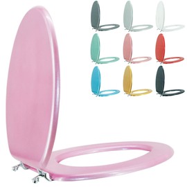 BLOFDE Elongated Toilet Seat Wood Toilet Seat Prevent Shifting with Zinc Alloy Hinges American Standard Size Toilet Seat Easy to Install also Easy to Clean (Elongated,Sparkling Pink)