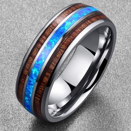 NUNCAD Men's Women's Partner Ring Made of Tungsten 8 mm with Abalone Shell and Hawaiian Koa Wood Size 47 to 80 (15-25.5), Tungsten, Opal