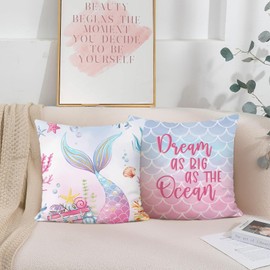 Bonhause Mermaid Tail Cushion Covers 45 x 45 cm Starfish Seashell Decorative Throw Pillow Covers Pink Purple Pillowcases for Kids Girls Bedroom Nursery Room Home Decor Set of 2