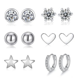 Aucuu Silver Earrings for Women, 6 Pairs Cubic Zirconia Stud Earrings 925 Sterling Silver Earrings Small Sleeper Cartilage Studs for Women Girls - Multi-shape & Jewel Box (Silver)