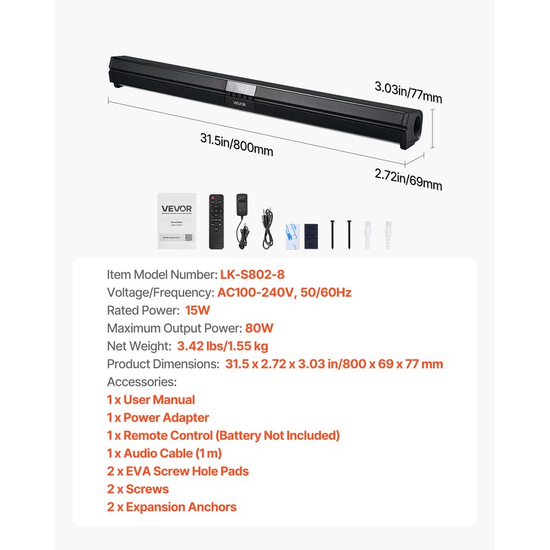VEVOR Sound Bar for Smart TV, 2.0 Channel, 32-Inch Compact
