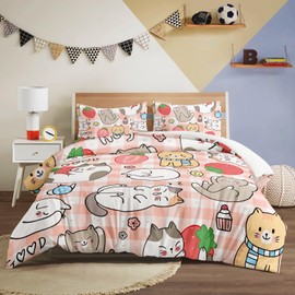 Nttopship Kawaii Duvet Cover Full Size Kawaii Cat Duvet Covers Set 3 Pieces for Kids with Zipper Closure,Cartoon Strawberry Full Comforter Quilt Cover Microfiber Bedding Set