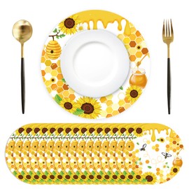 Paper Placemats Disposable 50 Pack Honey Bee Placemats 13.4 Inch Summer Sunflower Bee Place Mats Round Decorative Yellow Floral Honeycomb Table Mats for Spring Summer Holiday Farmhouse Table