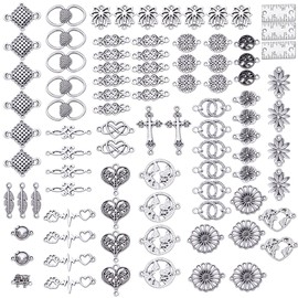 Charm Connectors,100g Antique Silver Jewelry Connectors Charms Flower Heart Leaf Round Heartbeat Tree of Life Charm Pendants Bead Connector for DIY Necklace Bracelet Crafts Making