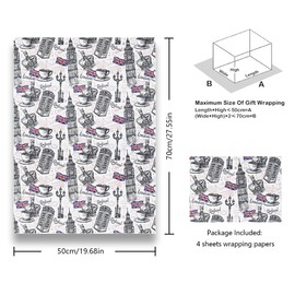 Geluode Big Ben London Wrapping Paper, British Characteristic Architecture Design Gift Wrap Paper for Birthday or National Day, 4 Sheets Folded Flat 20x28 inch Per Sheet