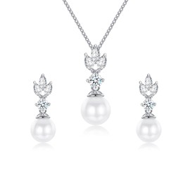 EPIRORA Bride Bridesmaid Jewellery Set for Women, Pearl Necklace Cubic Zirconia Earrings Set Wedding Promise Party Anniversary Birthday Gifts for Wife Mum Grandma, Silver