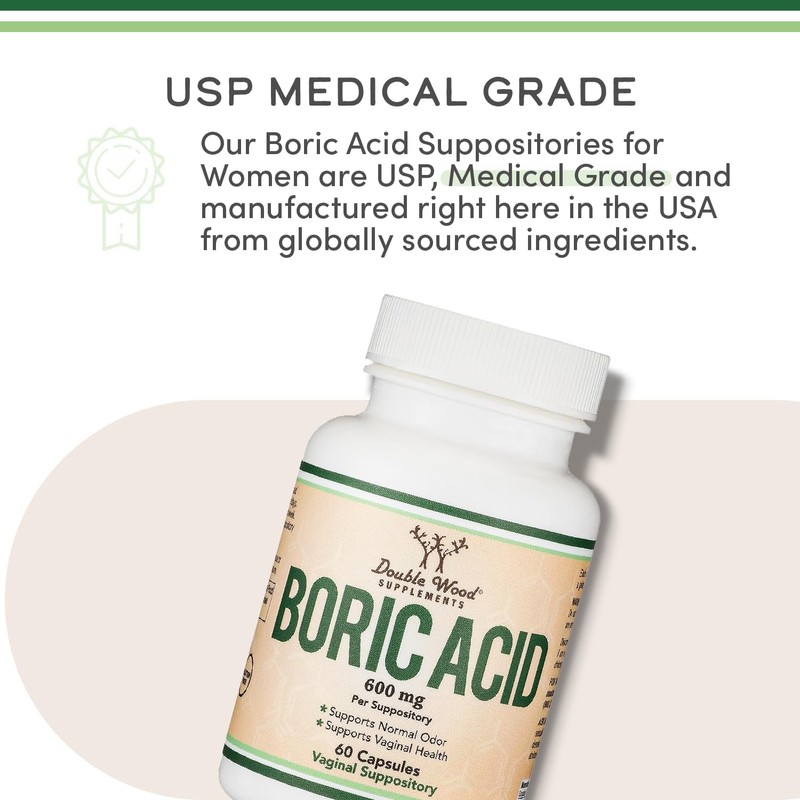 Boric Acid Suppositories (600mg Vaginal Suppository, 60 Count) Supports Vaginal
