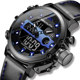 MEGALITH Mens Digital Watch Sports Waterproof Military Large Face Watches for Men Outdoor Analogue Digital Leather Wrist Watch with Alarm Electronic LED Backlight Calendar Stopwatch - Black Blue