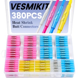 380PCS Vesmikit Heat Shrink Butt Connectors-Marine Grade Waterproof Electrical Wire Connectors Kit-Tinned Copper Insulated Crimp Terminals Butt Splice for Wiring,Automotive,Boat,Trailer Truck,Stereo
