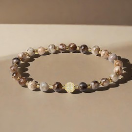 SaDiao Stretch Bracelets 6MM natural Gemstone with 18K White Gold ball Bracelet (Coffee Agate)