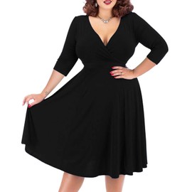 Nemidor Women's V-Neckline 3/4 Sleeve Stretchy Casual Midi Plus Size Bridesmaid Dress NEM253 (20, Black+Sleeve)