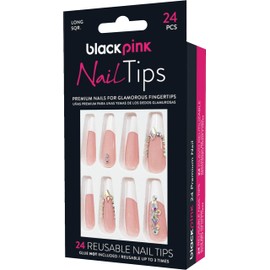 Blackpink Press-On Nail Tips Ready Painted Long Perfect Fit Ready To Go, Glue Included, Reusable, Glue on Nails, Long Nail Kit 24PC