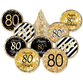 Black and Gold 80th Birthday Party Chocolate Kisses Candy Party Favor Stickers, 80th Birthday Decorations - 180 Count