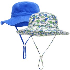 Mini angel Baby Sun Hat Kids Summer UPF 50+ Sun Protection Beach Wide Brim Toddler Baby Boy Girl Bucket Hat 2 Pcs (Royal Blue+Dinosaur,6-12Months)