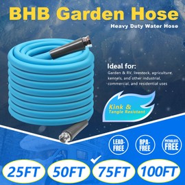 BHB 75 FT Garden Hose 5/8" ID Heavy Duty Water Hose Compatible with Garden & RV Ultra-Flexible Hybrid Polymer Kink & Tangle Resistant GHT3/4" Aluminum Connectors 600 Psi with Storage Bag