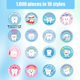 1000pcs Dental Stickers, 1.5in Round Cute Dentist Decals Tooth Fairy Stickers Reward Prize for Kids Fun Dental Decorations for Notebook Laptop Water Bottle (Style 2)