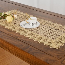 LIN TONG placemats, lace placemats, Heat Resistant Crochet Embroidered placemats for Restaurant, Coffee, Wedding, Party Table Decoration, Gold，2 Pieces 16X36in