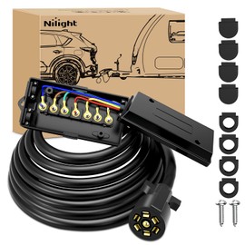 Nilight Heavy Duty 7 Way Inline Trailer Plug with 7 Gang Weatherproof Junction Box - 16 Feet Connector Cable Wiring Extension Harness Suitable for RV Automotives Cars